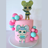 Pink cake with LOL Surprise doll characters and colorful balloons on a white background
