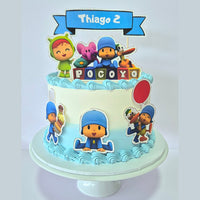 Cake with Pocoyo characters and 'Thiago 2' on a blue ribbon