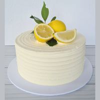 White cake with lemon slices and leaves on a white background